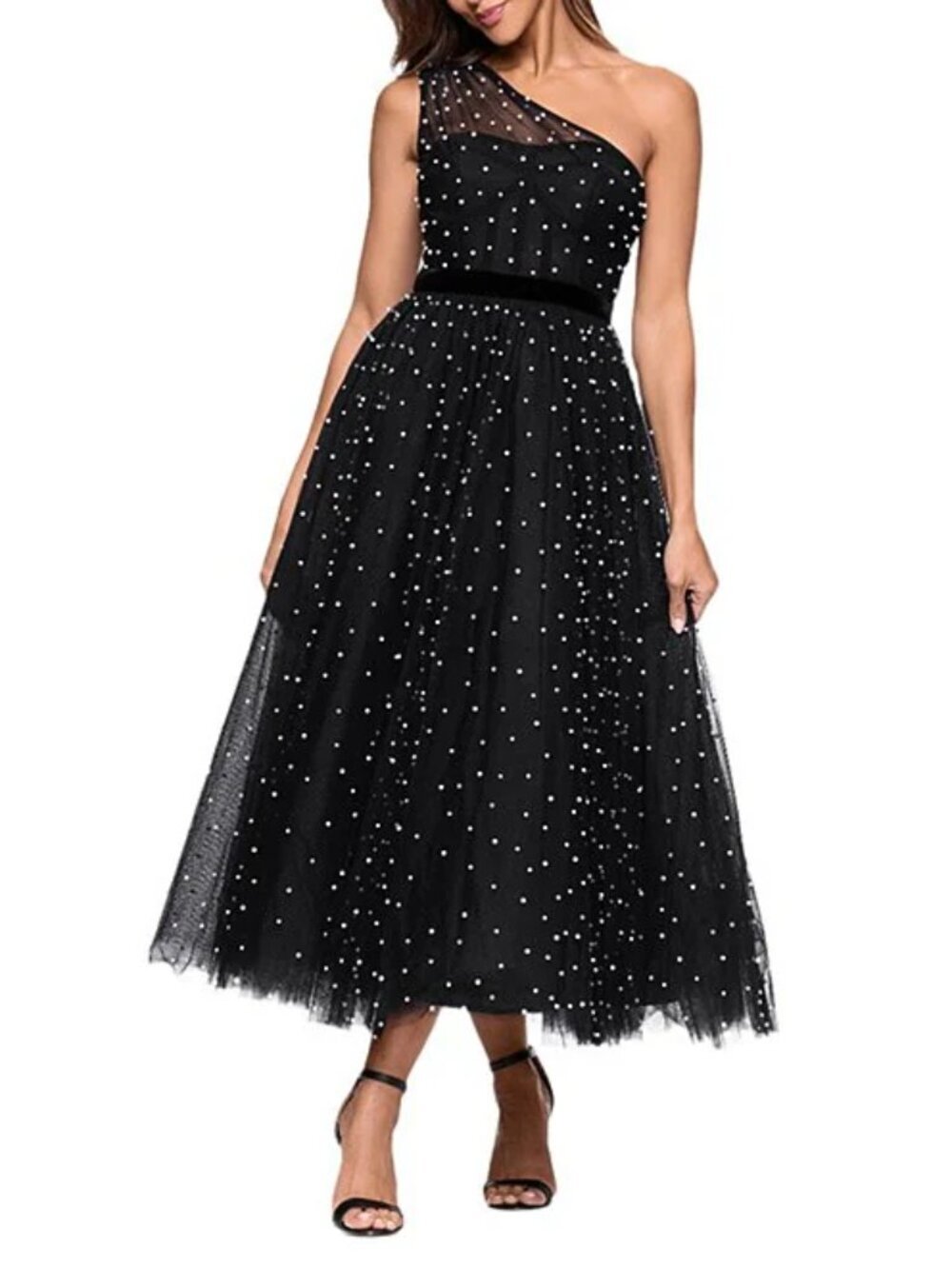 Betsy & Adam Women's Black Faux Pearl One-Shoulder Tulle Cocktail Dress. Sz: 8